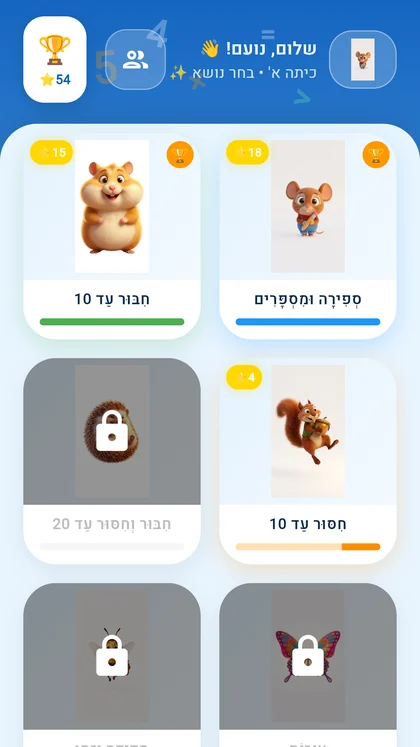 מסך הנושאים של כיתה א׳ עם ניקוד: ספירה ומספרים, חיבור עד 10, חיסור עד 10, ולכל נושא חיה משלו